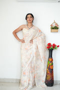 Extraordinary 1-Minute Ready To Wear White  Printed Satin Silk Saree