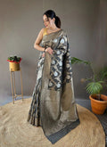 Pretty Gray Color Banarasi Silk Zari Weaving Saree With Blouse Piece