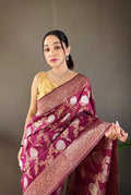 Pretty Pink Color Banarasi Silk Zari Weaving Saree With Blouse Piece