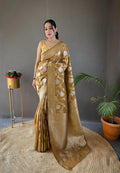 Pretty Gold Color Banarasi Silk Zari Weaving Saree With Blouse Piece