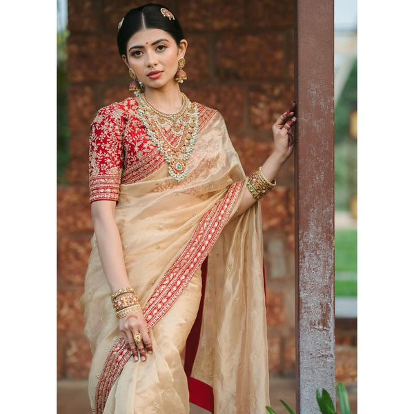 Gold Dori Embroidered Tissue Organza Designer Saree