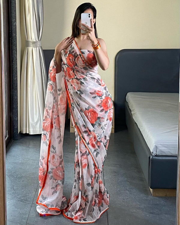 Sizzling 1-Minute Ready To Wear White Georgette Saree