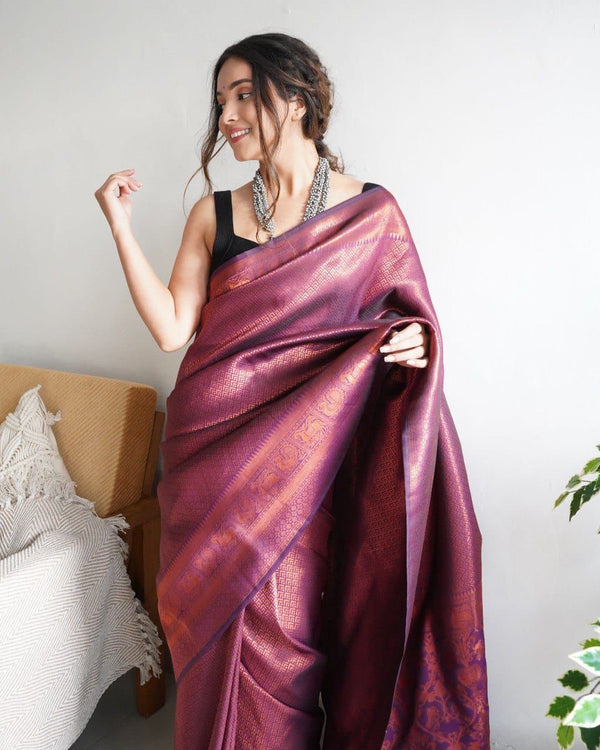 Purple Colour Kanjivaram Woven Silk Saree With Blouse Piece