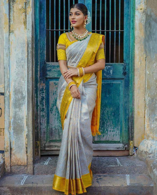 Grey and Yellow Colour Kanjivaram Woven Silk Saree With Blouse Piece