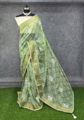Elegant Printed Saree with Floral Buti Design  OLIVE GREEN & WHITE