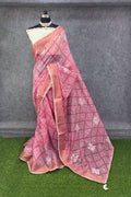 Elegant Printed Saree with Floral Buti Design  PINK & WHITE