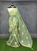 Elegant  Zigzag Designer Saree with Floral Buti Work PISTA & SILVER