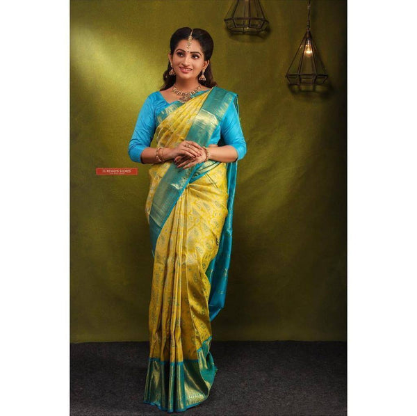 Yellow and Aqua Green Colour Kanjivaram Woven Silk Saree With Blouse Piece