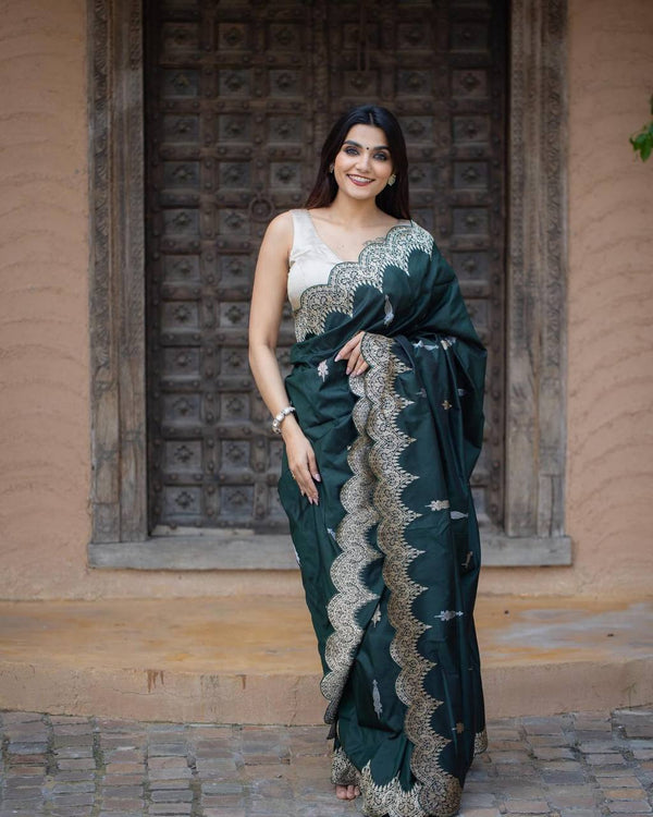 Bottle Green Colour Banarasi Litchi Silk Saree With Blouse Piece