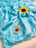 Designer Fandy Satin Saree with Khatli Cutdana Handwork & Arco Border – LIGHT BLUE