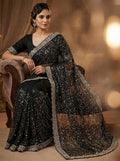 Elegant Pure Soft Net Saree with Original Beads Work & Designer Cutwork Border -BLACK