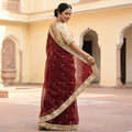 Elegant Fandy Satin Saree with Sequins Butti & Designer Lace Border -MAROON