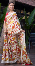 Elegance Premium Soft Tusser Floral Printed Designer Saree with Rich Heavy Weaving Border & Contrast Blouse Piece -OFF WHITE