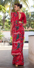 Elegance Premium Soft Tusser Floral Printed Designer Saree with Rich Heavy Weaving Border & Contrast Blouse Piece - RED