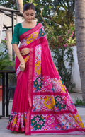 Elegance Premium Soft Tusser Floral Printed Designer Saree with Rich Heavy Weaving Border & Contrast Blouse Piece - PINK