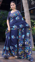 Elegance Premium Soft Tusser Floral Printed Designer Saree with Rich Heavy Weaving Border & Contrast Blouse Piece - BLUE