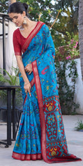Elegance Premium Soft Tusser Floral Printed Designer Saree with Rich Heavy Weaving Border & Contrast Blouse Piece - SKY