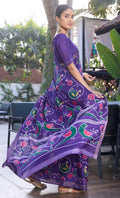 Elegance Premium Soft Tusser Floral Printed Designer Saree with Rich Heavy Weaving Border & Contrast Blouse Piece - PURPLE