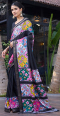 Elegance Premium Soft Tusser Floral Printed Designer Saree with Rich Heavy Weaving Border & Contrast Blouse Piece - NAVY BLUE