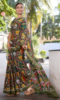 Elegance Premium Soft Tusser Floral Printed Designer Saree with Rich Heavy Weaving Border & Contrast Blouse Piece - MAHENDI