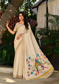 Premium Chinno Viscose Saree with Zari Butti & Parrot Foil Pallu - OFF WHITE