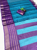 Elegant Two-Tone Premium Dolla Checks Saree With Weaving Jacquard Border - SKY BLUE