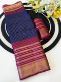 Elegant Two-Tone Premium Dolla Checks Saree With Weaving Jacquard Border - BLUE