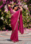 Premium Georgette Leheriya Mothda Print Saree with Embroidery Sequence Lace Border & Designer Blouse Piece - PINK