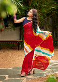 Graceful Chiffon Saree with Artistic Brush Print and Woven Border -RED