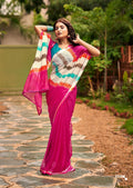 Graceful Chiffon Saree with Artistic Brush Print and Woven Border - PINK