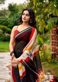Graceful Chiffon Saree with Artistic Brush Print and Woven Border - BLACK